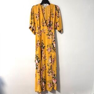 Reformation Winslow Maxi Dress Yellow Floral Wrap V-Neck Short Sleeve Size L